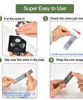Steps to use 4 In 1 Coin Sorter And Wrapper Machine For Pennies Nickels Dimes Quarters With 80 Coin Wrappers, showing hands sorting coins.