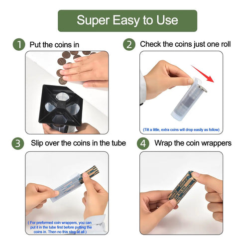 Steps to use 4 In 1 Coin Sorter And Wrapper Machine For Pennies Nickels Dimes Quarters With 80 Coin Wrappers, showing hands sorting coins.