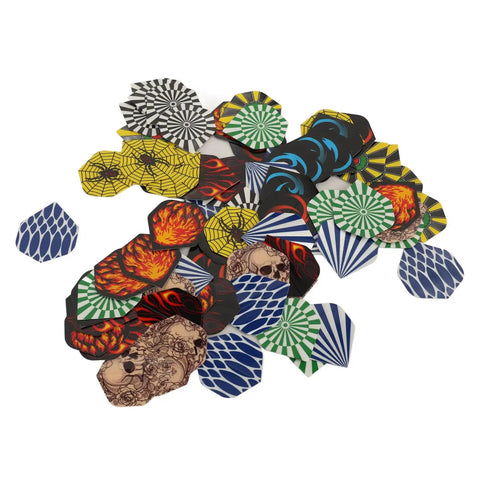 Variety of durable PET flights for darts in 77 piece pack with colorful patterns for steel tip and soft tip darts.