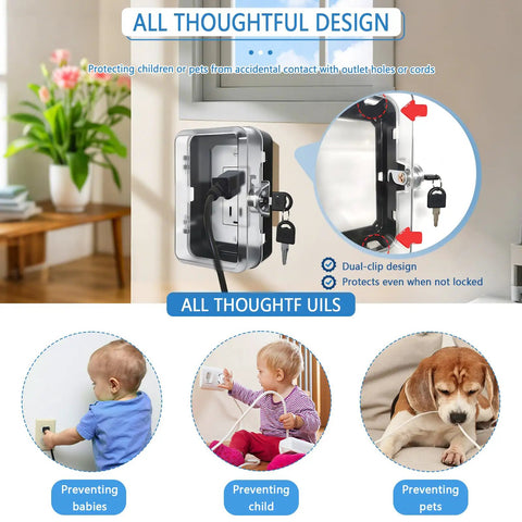 Heavy Duty Childproof Outlet Lock Box With Two Durable Keys, Tool Free Install, Universal Fit, Black Socket Protector installed