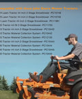 Man on orange lawn tractor compatible with John Deere Tractor models listed on image, including snowblower and collection systems.