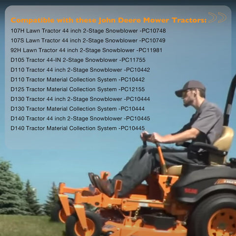 Man on orange lawn tractor compatible with John Deere Tractor models listed on image, including snowblower and collection systems.