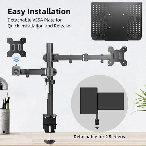 Ergonomic Monitor And Laptop Arm Mount For 13 To 32 Inch Screens Up To 22 Lbs, Adjustable Desk Mount With Laptop Tray, clamp base