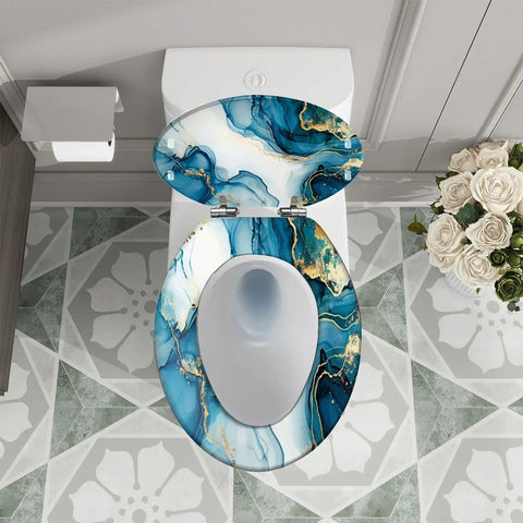 Elongated Resin Toilet Seat for Bathroom in blue marble design, 14.5" x 18.5", stylish addition to modern bathrooms