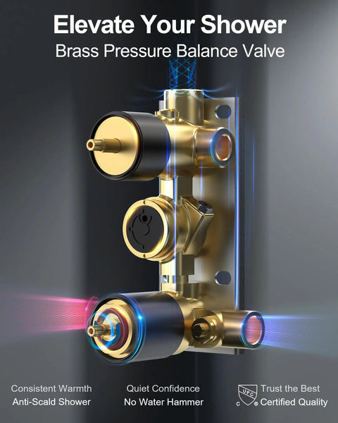 GRANDJOY 12" Digital Display Shower System, 3-Function, Matte Black brass pressure balance valve showing features.
