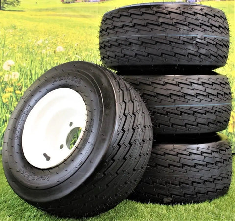 18x8.50-8 Golf Cart Tires On 8x7 White Wheels Assemblies Set Of 4 Universal Fit For EZGO Yamaha Club Car Golf Carts Built For All Terrain Traction And A Smoother Ride On Grass Sand And Gravel Upgrade Your Cart And Roll With Confidence