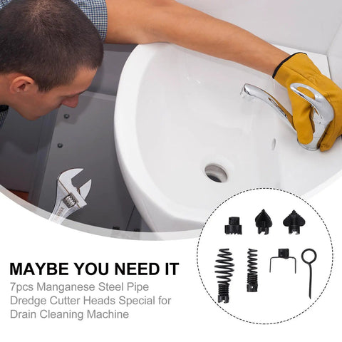 7 Piece Heavy Duty Steel Drain Auger Blades For Bustin Open Stubborn Clogs And Keeping Your House Pipes Running Smooth Works Perfect With Spinal Snake Machines Kitchen Bath Drain Cleaner Kit in use with tools near a toilet.