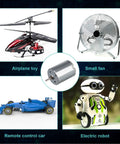 Collage of applications for Five Pack DC Motors 3V To 12V Mini Electric Motors including toy helicopter, fan, RC car, and robot.