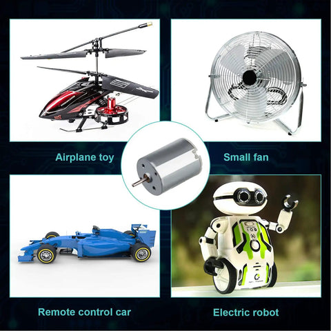 Collage of applications for Five Pack DC Motors 3V To 12V Mini Electric Motors including toy helicopter, fan, RC car, and robot.