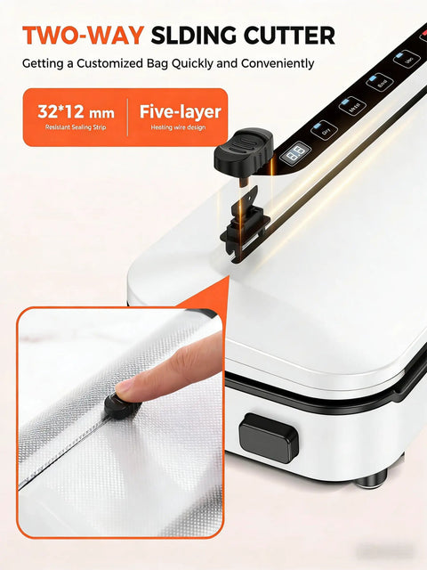 Close-up of Beast 6 In 1 Vacuum Sealer's two-way sliding cutter for customized bag cutting, featuring 32*12 mm sealing strip.