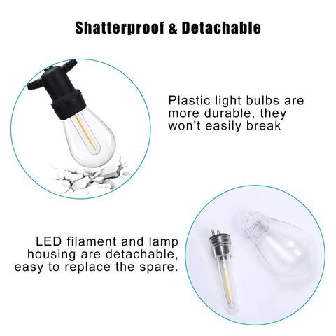 Outdoor S14 LED String Light Bulbs 1.5W Replacement Pack, Shatterproof And Waterproof IP65, Detachable safety plastic