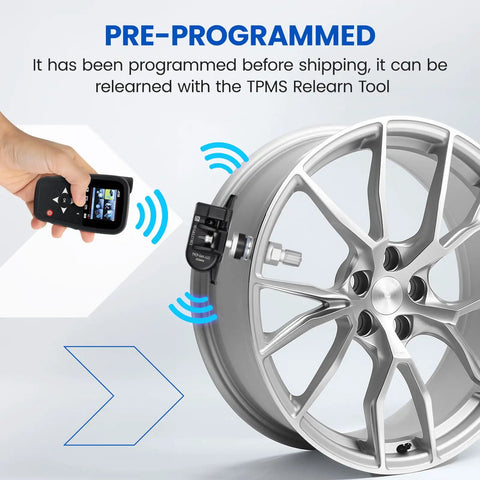 Preprogrammed Tpm Sensor Kit 4Pack For Chevrolet And Gmc Trucks 433 Mhz Tire Pressure Monitor System attached to a wheel.