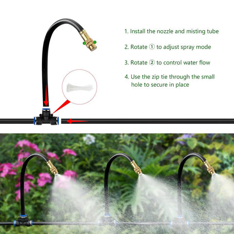 Installation guide of All In One 60 Foot Drip Irrigation System with solid brass connectors and misting spray demonstration.