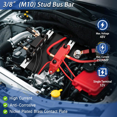 Get Your Rig Powered Up With A 250 Amp Three Eighths Inch Power Distribution Block Featuring Four Studs A Heavy Duty Busbar Terminal Block For Automotive And Marine Use Includes Cover For Positive And Negative installed in car engine