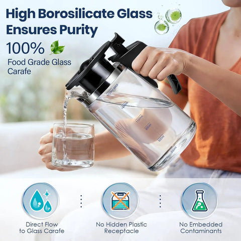 Replacement Carafe For ROPOT100 Countertop Water Purifier And Bluevua ROPOT100 RO UV Systems 1700mL Borosilicate Glass Water Jar being poured