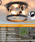 Industrial Three Light Farmhouse Ceiling Fixture With Rope Shade in Rustic Black Metal, vintage round lamp shown in dining room.