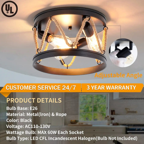 Industrial Three Light Farmhouse Ceiling Fixture With Rope Shade in Rustic Black Metal, vintage round lamp shown in dining room.