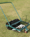 Portable Golf Ball Retriever with 600 Ball Capacity and 13 Channel Picker, lightweight durable steel frame on grass.
