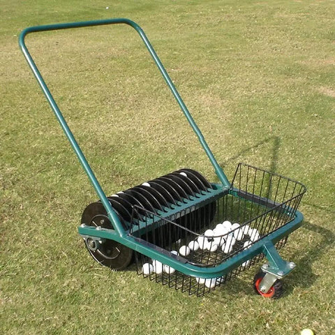 Portable Golf Ball Retriever with 600 Ball Capacity and 13 Channel Picker, lightweight durable steel frame on grass.
