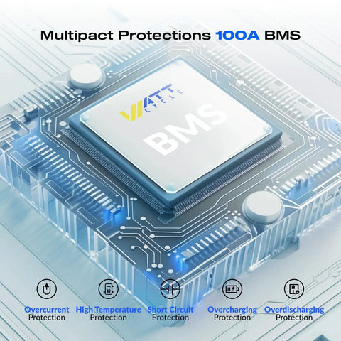 Diagram of BMS showing protections in 12V 100Ah LiFePO4 Battery With Built In 100A BMS For RVs And Golf Carts BCI Group 24