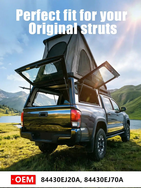 Truck with camper shell showcasing 13 Inch Gas Shock Strut Lift Support for Truck Camper Shell Rear Window and Canopy, 65 Lb Per Strut, 2 Pack