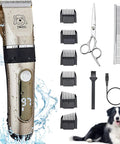 All In One Dog And Cat Grooming Kit With Two Speed Rechargeable Cordless Clippers, Ultra Quiet Low Noise, Waterproof IPX4, Includes Scissors And Combs For Easy Home Grooming And On The Go shown with accessories and dog.
