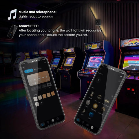 Lichaser Plug in Wall Sconces for Acoustic Wall Panels, Slat Wall (2, 28in) shown with smart app control in a gaming arcade.