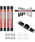 4 Pack Magnetic Tool Holder Bars 12 Inch Heavy Duty Wall Rack With Mounting Brackets And Screws, tools displayed on rack.