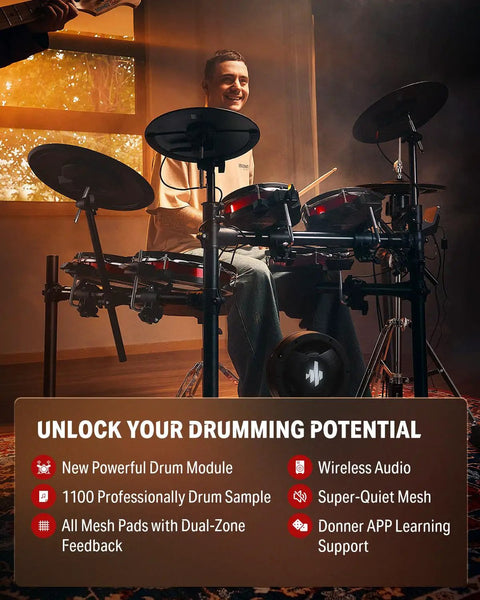 Man playing Electric Drum Set Pro 6 Drum 3 Cymbal Kit with 12 Inch Hi Hat Stand, Over 1100 Tones, ideal for adults.
