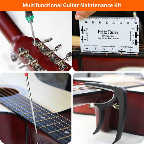 All-In-One 106-Piece Guitar Tool Kit With Capo, Strings, Picks, Bridge Pins, Gauges, tools in use on guitar neck