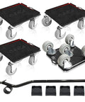 Move Your Heavy Furniture And Big Appliances Like Fridges And Washers With Ease Using This Beefy Dolly Set That Handles Up To 1300 Pounds Includes Lifting Tool Oversize Wheels And Non Slip Pads For No Sweat Moving, showing four dolly carts, lifting tool, and non-slip pads.