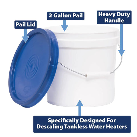 Tankless Water Heater Descale Kit With 2 Gallon Submersible Mag Drive Pump Pail Hoses And Non Toxic Descaler Powder 2-gallon pail and lid