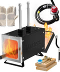 Two Burner Propane Forge Kit For Knife Making And Blacksmithing With Base, square mini gas forge, gloves, hoses, and tools shown