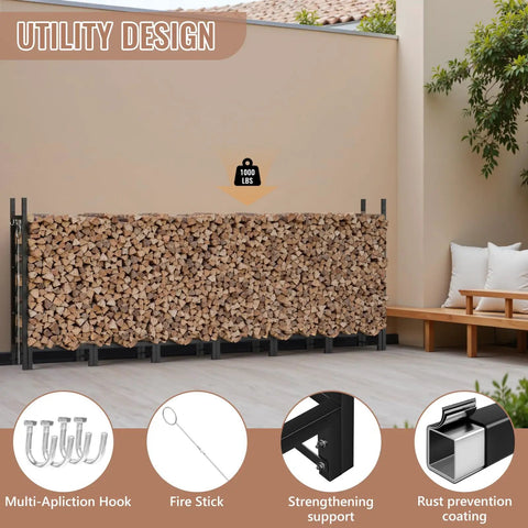 Heavy Duty 8Ft Outdoor Firewood Rack For Backyard Storage, Large Capacity Log Stacking Stand next to patio bench.