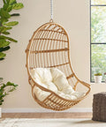Mariah Wicker Hanging Chair With Cushion For Indoor Outdoor Chill Lounger, cozy basket swing chair in light brown and beige