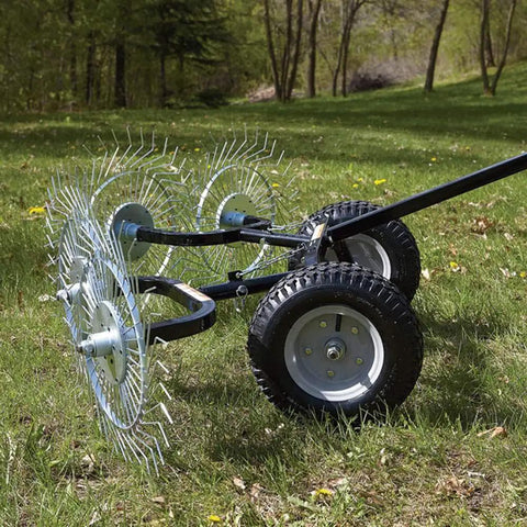 Acreage Lawn Rake with Four Tine Steel Tow Behind Dethatcher for Lawn and Garden Cleanup, 48 inch, on grassy area