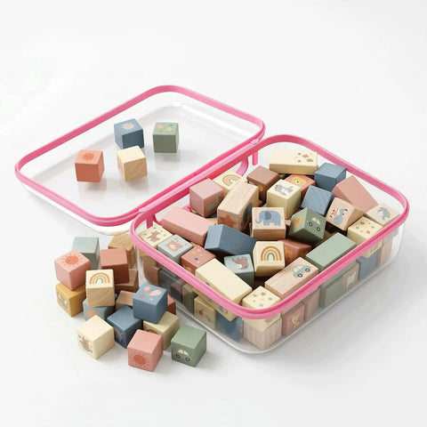 Large Clear Hard Shell Storage Bags With Handle 3 Piece Set Waterproof Organizer Pouches for Toys and Puzzles, open with blocks