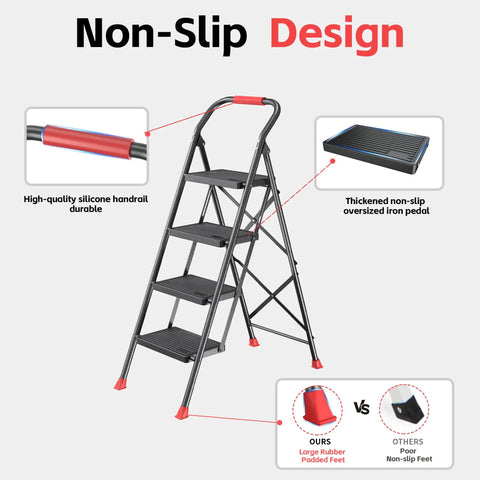 Heavy Duty 4 Step Folding Step Stool Ladder With Handrails For Home Kitchen And Garage Extendable Tall Design Non Slip Supports Up To 600 Pounds Compact Indoor House Ladder, black steel steps