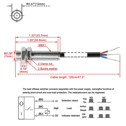 Technical diagram of M8 Inductive Proximity Sensor Switch 1.5mm Sensing Distance DC 12 To 24V 3 Wire PNP Normally Open Cylindrical Detector