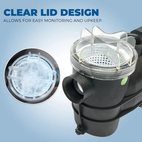No Nonsense 0.75 HP High Flow Pond And Pool Pump with clear lid design for easy monitoring, 2400 GPH, 1.5 Inch NPT self priming.