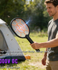Man using Two Pack Electric Fly Swatter Racket Set, AA Battery Powered Bug Zapper For Indoor Outdoor Use, camping scene