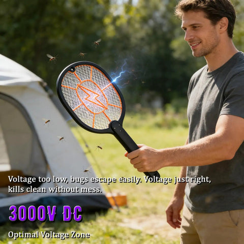 Man using Two Pack Electric Fly Swatter Racket Set, AA Battery Powered Bug Zapper For Indoor Outdoor Use, camping scene