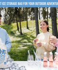 Ice Bag With Twist Tie Enclosure, 10 Lb Capacity, 50 Pack next to outdoor gathering with drinks and friends