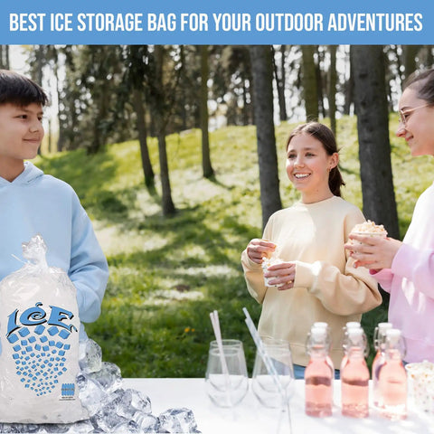 Ice Bag With Twist Tie Enclosure, 10 Lb Capacity, 50 Pack next to outdoor gathering with drinks and friends