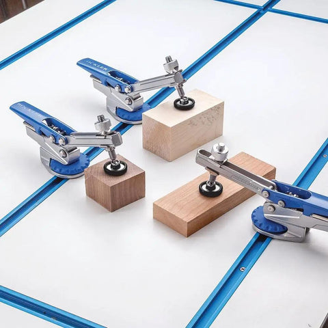 Auto Lock T Track Clamp For Woodworking Adjustable Hold Down Clamp With Set Screw 360 Degree Pivot Heavy Duty Metal T Track Stop in use