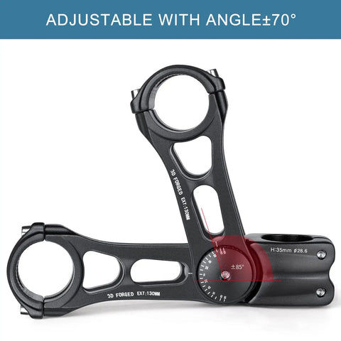 Adjustable MTB Stem 31.8mm 70 Degree Riser For Handlebar, showcasing angle ±70° adjustability and aluminum alloy construction.