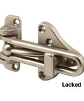 Swing Bar Door Guard With High Security Auxiliary Lock Satin Nickel Finish Great For Stopping Door Slammers And Keeping You Safe While You Talk To Visitors At The Door, shown installed and locked.