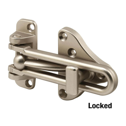 Swing Bar Door Guard With High Security Auxiliary Lock Satin Nickel Finish Great For Stopping Door Slammers And Keeping You Safe While You Talk To Visitors At The Door, shown installed and locked.