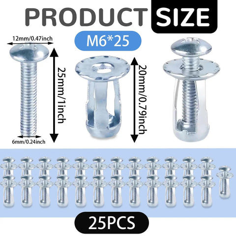 25 Pcs M6x25 Hollow Door Anchors Fixing Jack Nuts Cavity Inserts Petal Nuts (12x18mm) showing size dimensions and quantity.
