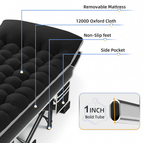 Extra Wide 32 Inch Camping Cot With Thick Mattress Holds Up To 600 Lbs, showing removable mattress and oxford cloth.